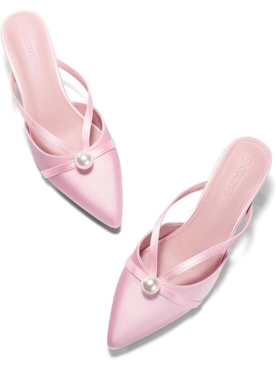 Shoes - Women's Pearl Kitten Heels Mules Closed Pointed Toe Pink Sandal Satin Shoes